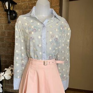 Light Blue Sheer Floral Embroidered Button-Up Blouse